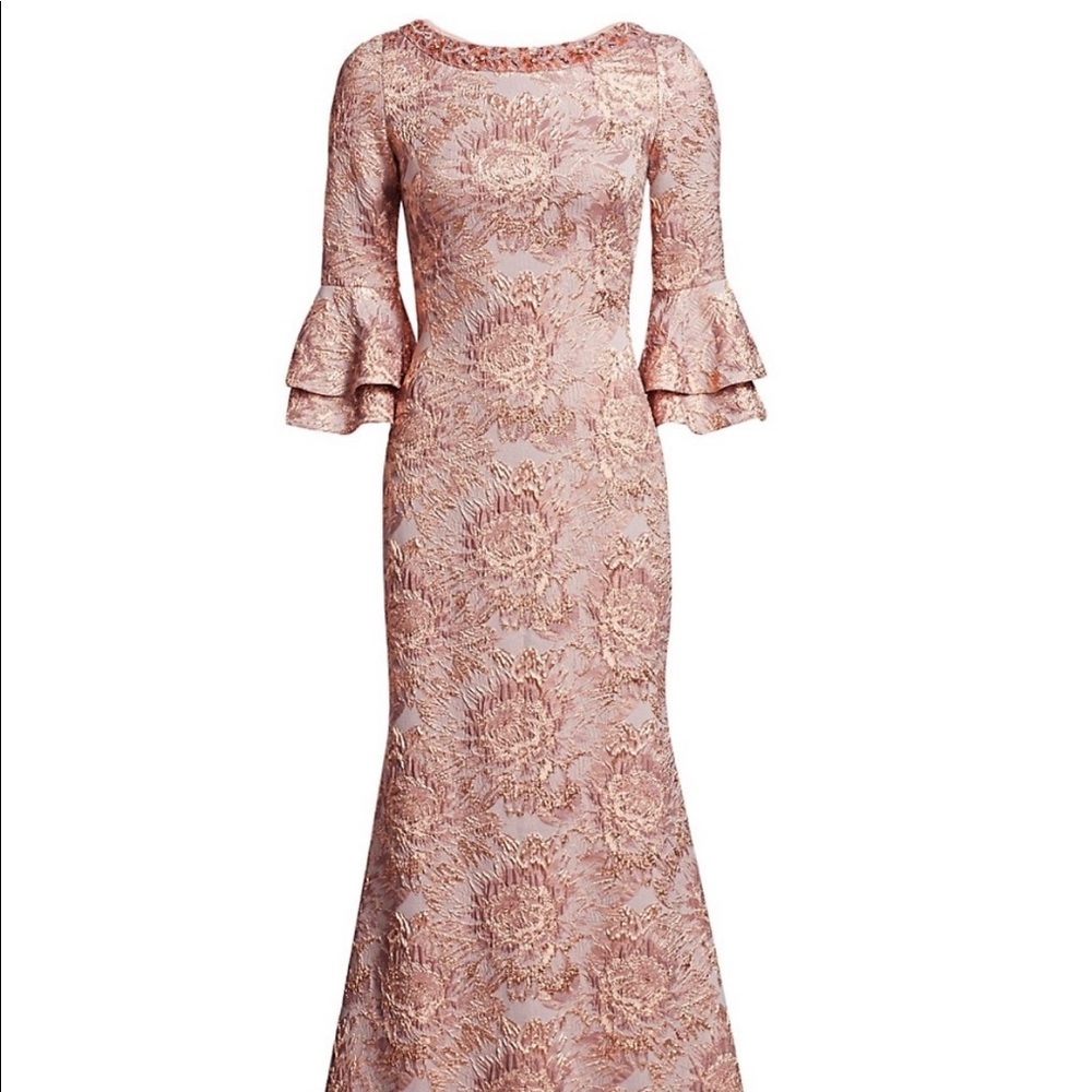 Theia Couture Metallic Floral Bell Sleeve Trumpet gown- Blush